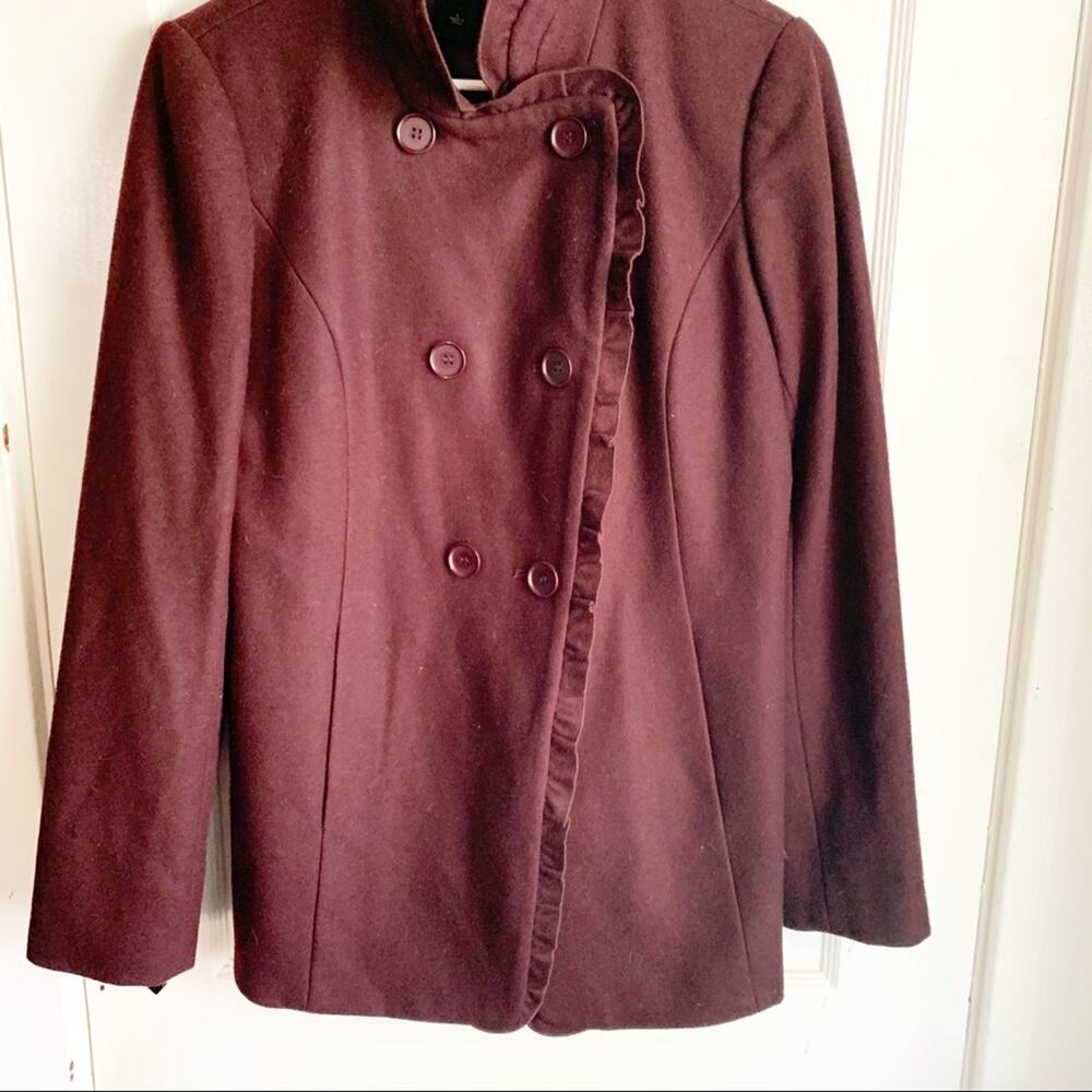 Ann Taylor Ruffle Neck Wool Blend Pea Coat Large Buttons Maroon Burgundy Small S - Picture 7 of 8